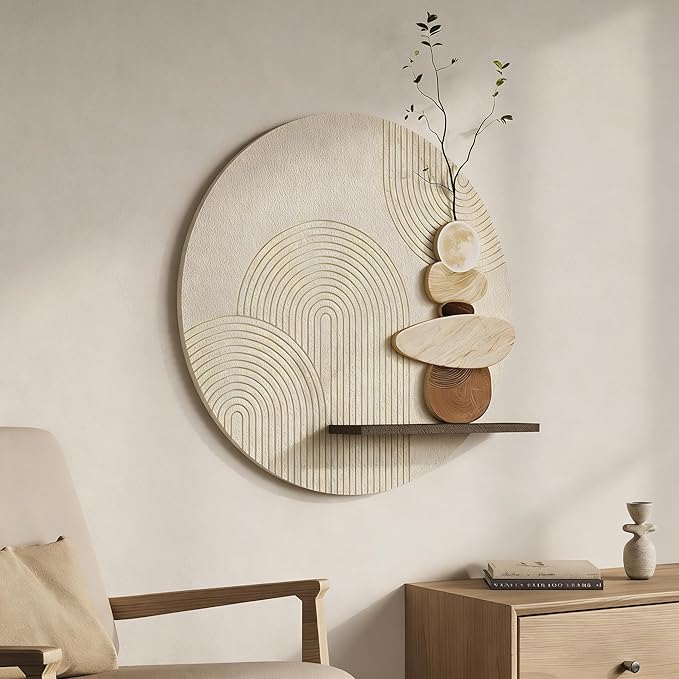 3D Textured Neutral Abstract Wall Art Decor With Shelf, Boho Beige and Brown Artwork for Walls With Green Accent, Modern Minimalist Wall Decor for Living Room, Hallway, Kitchen, Bedroom, Office, 24x24