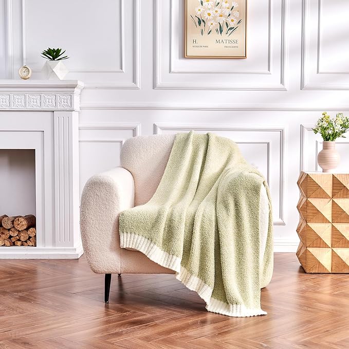 CozeCube Super Soft Fullfy Microfiber Reversible Knitted Blankets, Warm Cozy Fuzzy Plush Throw, Sage Green and White Melange Throw Blanket for Couch Bed Sofa, 50" x 60"