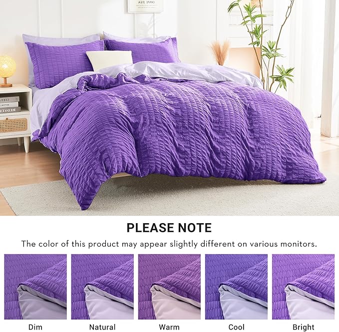 HYMOKEGE Dark Purple/Lavender Full Size Comforter Sets Seersucker 7 Pieces, All Season Luxury Bed in a Bag for Bedroom, Bedding Set with Comforter, Sheets, Pillowcases & Shams