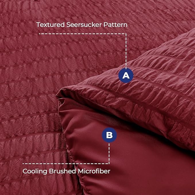 HYMOKEGE Burgundy King Size Comforter Set Seersucker 7 Pieces, All Season Luxury Bed in a Bag for Bedroom, Bedding Set with Comforters, Sheets, Pillowcases & Shams