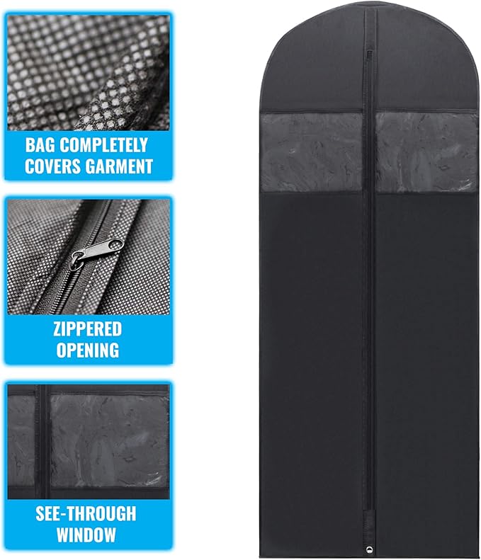 Plixio 60” Black Garment Bags for Hanging Clothes, Men Suit Bag for Travel and Clothing Closet Storage of Women Dress Shirts Coats Suit Cover Includes Zipper and Transparent Window (Black-60 pack:60")