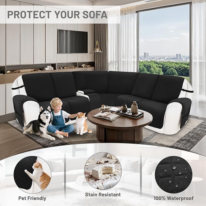 Reclining Sectional Couch Covers 100% Waterproof Velvet L Shape Recliner Couch Covers for Sofa Pets Washable Anti Slip Recliner Slipcovers with Pockets (5 Seat Sofa with 1 Console, Black)
