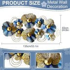 edaknez Metal Wall Art for Living Room, Extra Large Metal Wall Decor, 3D Modern Leaves Wall Decoration, Lotus Flower Wall Hanging Sculpture, for Indoor Outdoor, Blue & Gold (A 130x66x6cm)