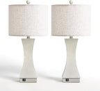 24.5" Modern Table Lamp Set of 2, 3-Way Dimmable Bedside Lamps with USB C & A Charging, Farmhouse Resin Nightstand Lamps with Linen Shade for Bedroom, Living Room, Home Office (Gray)