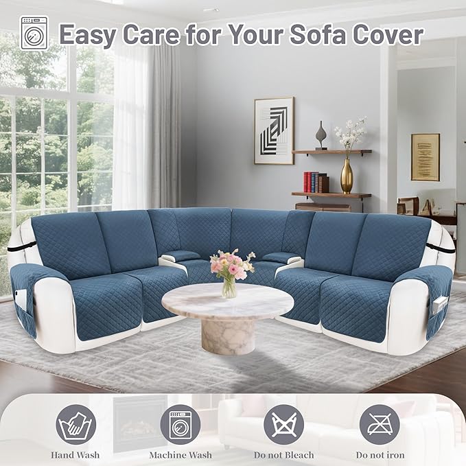 Recliner Sofa Covers 100% Waterproof Velvet L Shape Recliner Couch Covers for Dogs Pets Washable Anti Slip Recliner Slipcovers with Pockets (5 Seat Sofa with 2 Console, Dark Blue)