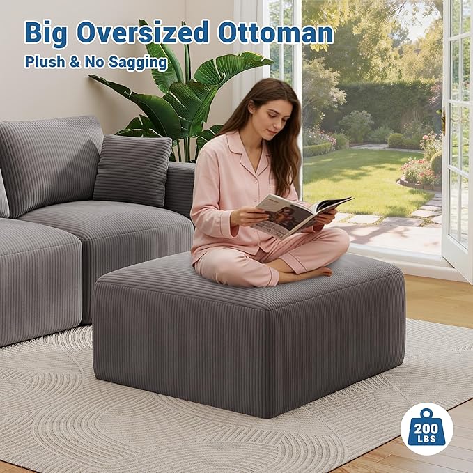 40" Square Stuffed Ottoman Pouf for Sofa Couch, Corduroy Poufs with Foam Chunk Filling, Furry & Fluffy Pouf Footstool Movable Ottoman. 40 * 31 Floor Poufs Foot Rest for Living Room, Grey(2 Piece Set)