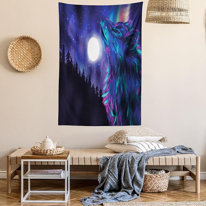 Ambesonne Moon Tapestry, Northern Imagery Aurora Borealis Wolf Forest Starry Night, Wall Hanging for Bedroom Living Room Dorm Decor, 40" X 60", Magenta Indigo