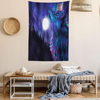 Ambesonne Moon Tapestry Queen Size, Northern Imagery Aurora Borealis Wolf Forest Starry Night, Wall Hanging Bedspread Bed Cover Wall Decor, 88" X 88", Magenta Indigo