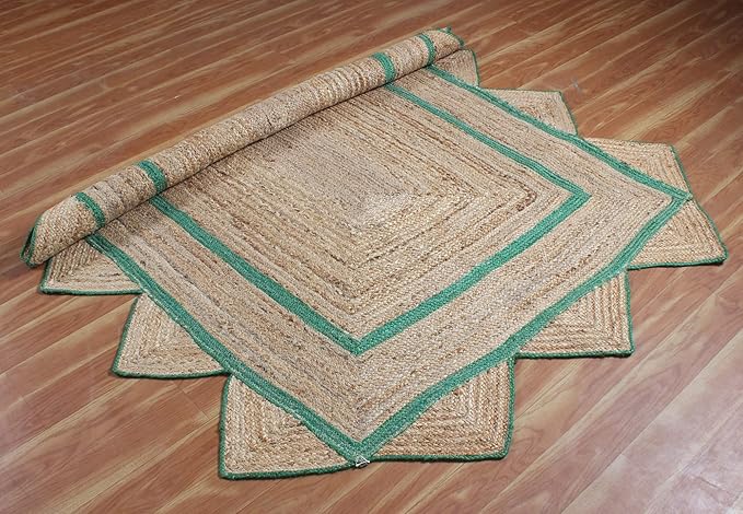 Scalloped Jute Rug, Hand Woven Runner Area Rug, 4x15 Ft Beige & Green Braided Natural Sisal Kilim Rugs for Living Room, Kitchen, Entryway, Farmhouse