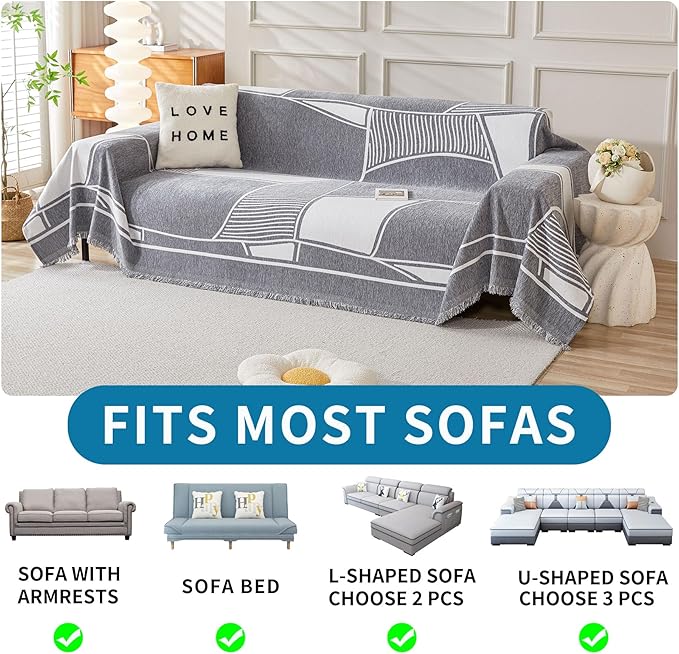 HAOMAIJIA Non Slip Couch Cover Sofa Covers for 3 Cushion Couch Washable sectional Couch Covers for Dogs pet Furniture Protector Couch Cover Blanket for Living Room (Grey-Cream, 71"x134")