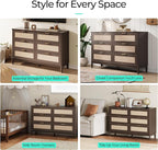 LINSY Rattan 6 Drawer Dresser for Bedroom, 54" Wide Mid-Century Modern Tall Chest of Drawers, Deep Storage Dresser with Curved Corner Design, Large Accent Wood Cabinet for Bedroom, Walnut