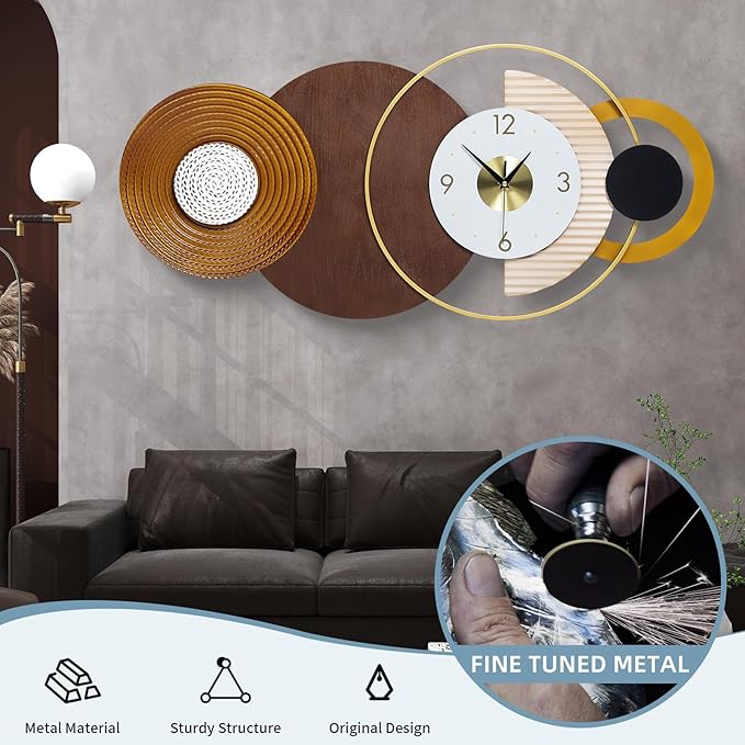 47.2x22.8 inch Large Mid Century Wall Clock for Living Room, Metal & Wood Modern Brown Decorative Clocks Silent Battery Operated for Home, Office, Bedroom, Dining