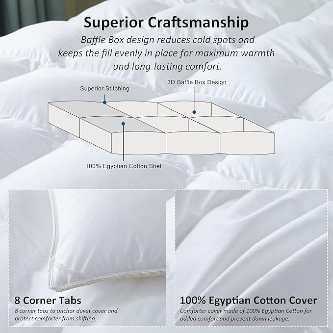 Luxurious All-Season Goose Down Feather Fiber Comforter Queen Size Duvet Insert, Premium White Solid Plain Design, Premium Baffle Box, 100% Egyptian Cotton, 70 oz Fill Weight