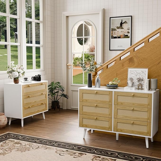 Elegant 6 Drawer Rattan Dresser, Boho Dresser Chest for Bedroom Hallway Living Room, White