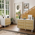 Elegant 6 Drawer Rattan Dresser, Boho Dresser Chest for Bedroom Hallway Living Room, White
