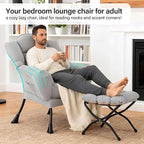 Lazy Chair with Ottoman, Modern Accent Chair with Lumbar Pillow, Grey Sofa, Lounge Chairs with Folding Footrest, Oversized Supportive Chairs for Bedroom, Reading