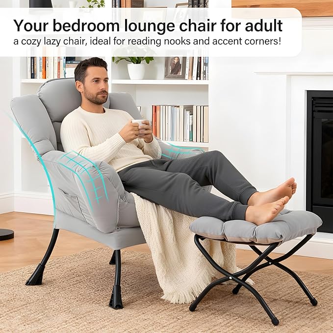 Lazy Chair with Ottoman, Modern Accent Chair with Lumbar Pillow, Grey Sofa, Lounge Chairs with Folding Footrest, Oversized Supportive Chairs for Bedroom, Reading