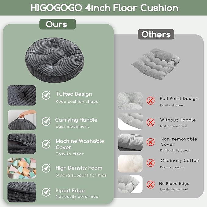 HIGOGOGO Washable Floor Pillow Cushion for Adults, Meditation Cushion Pillow, Large Round Floor Sitting, Removable Tufted Corduroy Cover, for Tatami Living Room or Yoga, 22x22 Inch, Machine Washable