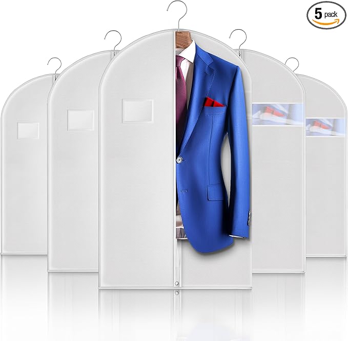5 Pack 40-inch Suit Bag Garment Bag for Travel and Storage, Garment Bags for Hanging Clothes with Zipper and Visible Transparent Window, White