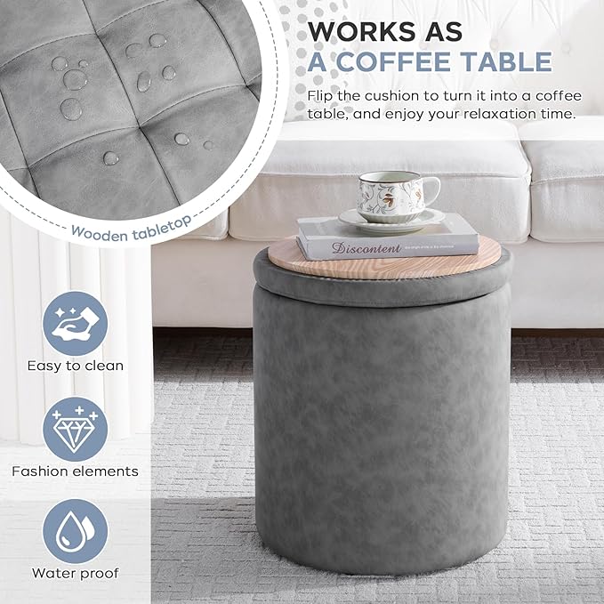 12.6" W x 14.17" H & 14.76" W x 17.32" H Round Set of 2 Ottoman with Storage Vanity Stool for Makeup Multifunctional Ottomans Padded Seat Foot Rest, Padded Seat Footrest for Living Room,Grey
