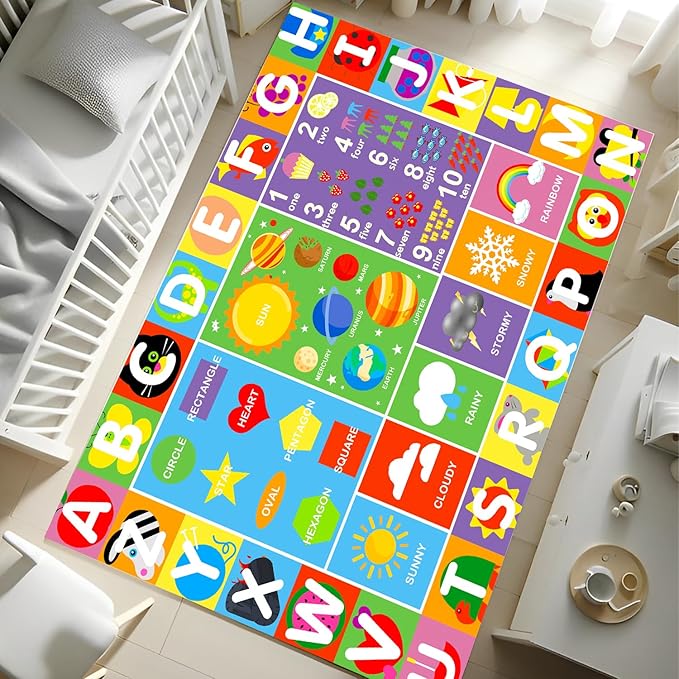Alphabet Rug for Kids - Soft ABC Kids' Rug with Non-Slip Backing, Educational Playroom Carpet for Toddlers with Letters, Numbers & Shapes - 4'11" x 3'3"(Rectangular)