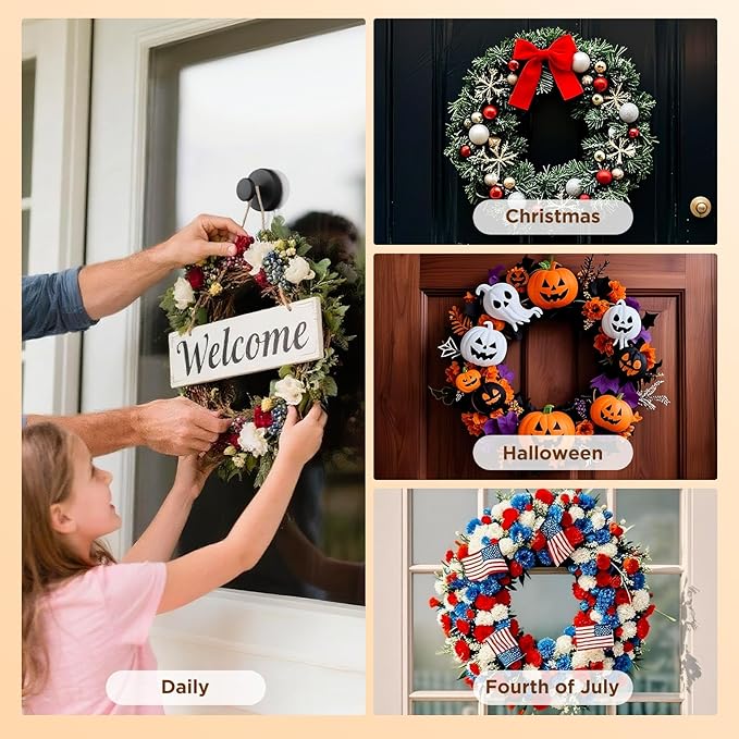 OUTXE Wreath Hanger for Front Door, Heavy Duty Suction Cup Reef Hook for Glass Window/Over Door/Outdoor, Christmas/Thanksgiving/Halloween/July 4th/Easter/Valentine/Fall/Summer/Spring (Black, 2-Pack)