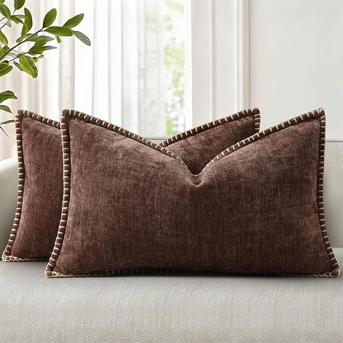 decorUhome Spring Chenille Soft Cozy Throw Pillow Covers 12x20 Set of 2, Modern Farmhouse Boho Velvet Decorative Pillow Cases with Stitched Edge for Couch Sofa Bed Home Decor, Chocolate