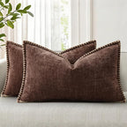 decorUhome Spring Chenille Soft Cozy Throw Pillow Covers 12x20 Set of 2, Modern Farmhouse Boho Velvet Decorative Pillow Cases with Stitched Edge for Couch Sofa Bed Home Decor, Chocolate