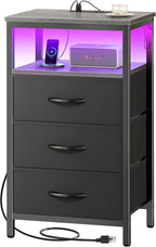 Huuger Night Stand with Charger Station and LED Lights, 3 Drawer Nightstand, Bed Side Table with Open Shelf, End Table, Tall Fabric Dresser for Bedroom, Grey