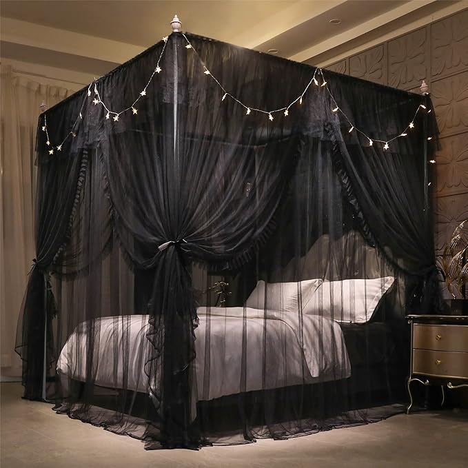 VETHIN 4 Corners Post Ruffle Princess Bed Canopy Curtain-Double Layer Cozy Drape Netting 4 Opening Mosquito Net for Girls Adults Bedroom Decoration (Double-Black,78" W*86" L*82"*H/King)