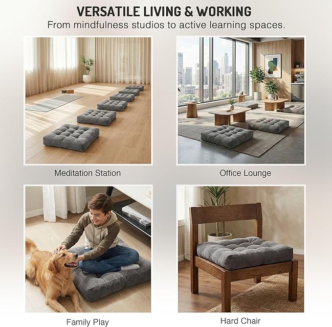 Meditation Floor Pillow Set of 2, Square Large Pillows Seating for Adults, Tufted Corduroy Cushion for Tatami Living Room, Grey, 22x22 Inch