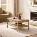 SICOTAS Rattan Coffee Table with Storage, 37.5" Large Rectangular Coffee Table with 2-Tier Shelves, Farmhouse Boho Center Table for Living Room, Office, Small Space