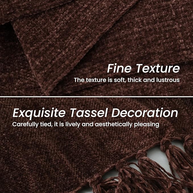 Yoenille Rust Brown Chenille Throw Blanket for Couch Bed，Soft Cozy Throw Blanket with Handmade Fringe, Decorative Blanket for Sofa Chair Living Room for Gift, (Rust Brown,60" x 80")