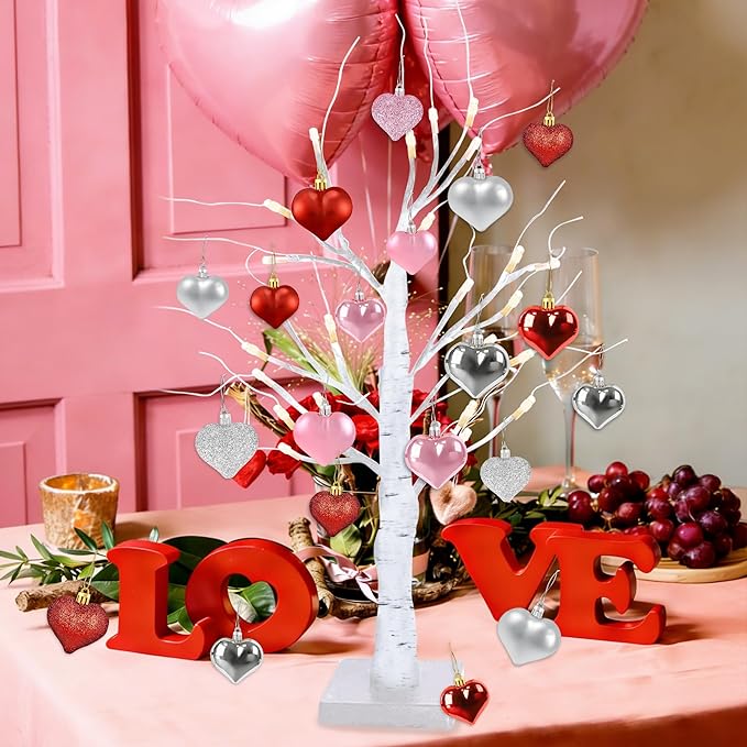 48PCS Heart Ornaments for Valentines Day Decorations, 2 Sizes Heart Shaped Ornaments for Christmas Valentine Tree, Red Pink Silver Glitter Hearts Hanging Decorations for Valentines Day Decor