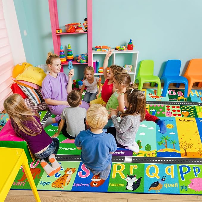 HOMORE Kids Rug, 9x12 Large Educational Rugs for Classroom Kids Collection ABC Rug for Learning Alphabet, Numbers, Colors, Season and Animal Words, Play Rugs for Playroom,Green