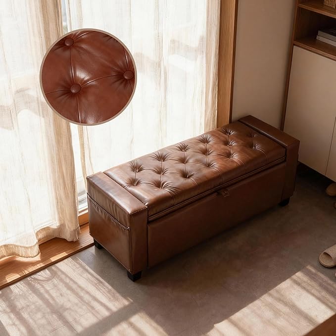 43.31'' Storage Ottoman Bench, Upholstered Tufted Bedroom Bench with Storage, End of Bed Storage Bench for Living Room & Entryway, 350 lb Capacity, Leather Brown
