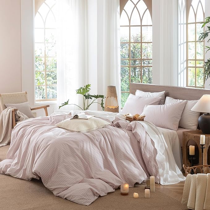 MooMee Striped Duvet Cover Set 100% Washed Cotton Linen Like Textured Breathable Durable Soft Comfy (Heathered Greyish Pink White Wide Stripes, Oversized Full 82"x86")