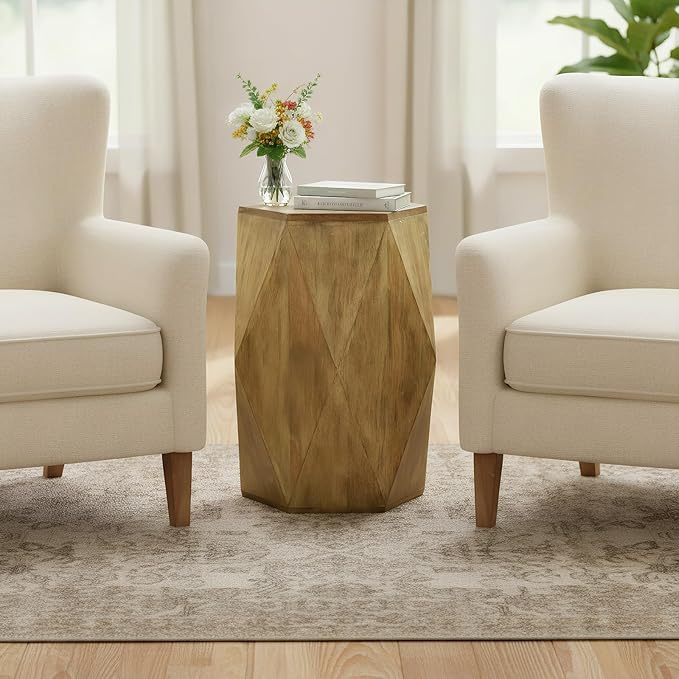 Fully Assembled Round Side Table with Gold Geometric Design & Wave Pattern, Solid Wood End Table Nightstand for Living Room, Bedroom, Office, 18 Inch (Geometric Natural Wood)
