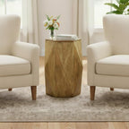 Fully Assembled Round Side Table with Gold Geometric Design & Wave Pattern, Solid Wood End Table Nightstand for Living Room, Bedroom, Office, 18 Inch (Geometric Natural Wood)