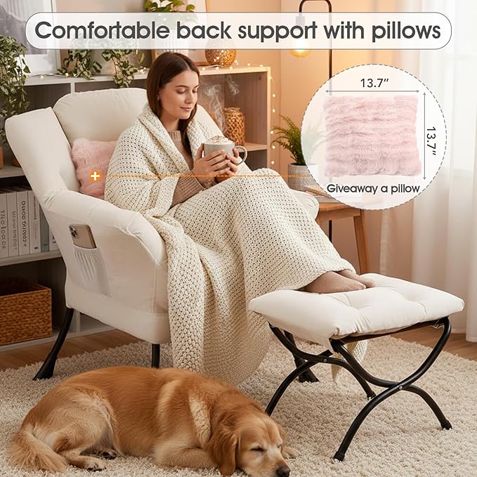 Lazy Chair with Ottoman, Large Lounge Accent Chair with Ottoman and a Throw Pillow, Beige Reading Chair for Living Room Bedroom Dorm Room Office Apartment Relaxing Use