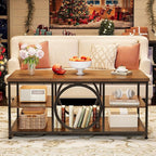 Coffee Table for Living Room 47" Center Table with Round Middle Design 3-Tier Farmhouse Style Rustic Wood Coffee Table with Storage Open Shelf Space Saving Easy Assembly