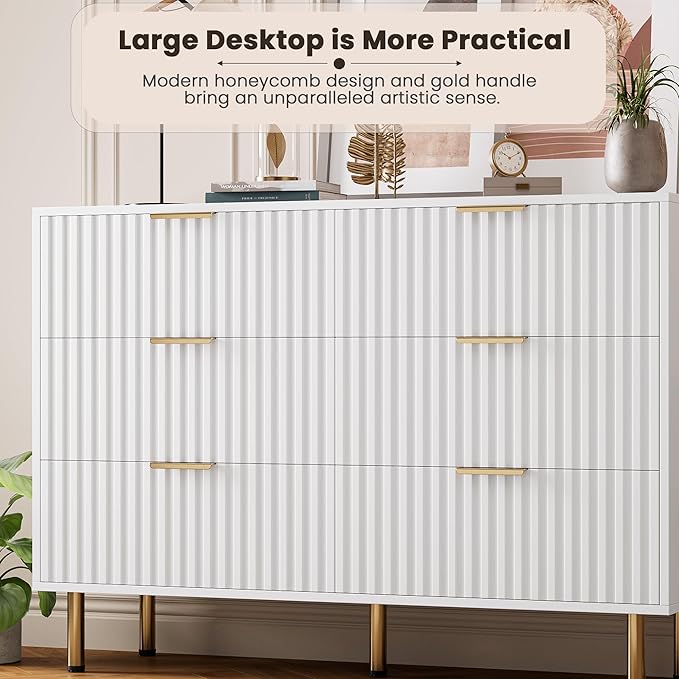 GarveeHome White 6 Drawer Dresser for Bedroom, Fluted 47.2 in Wide Modern Chest of Drawers with Deep Drawers, Long Large Double Dresser TV Stand for Living Room, Hallway, Kids Room
