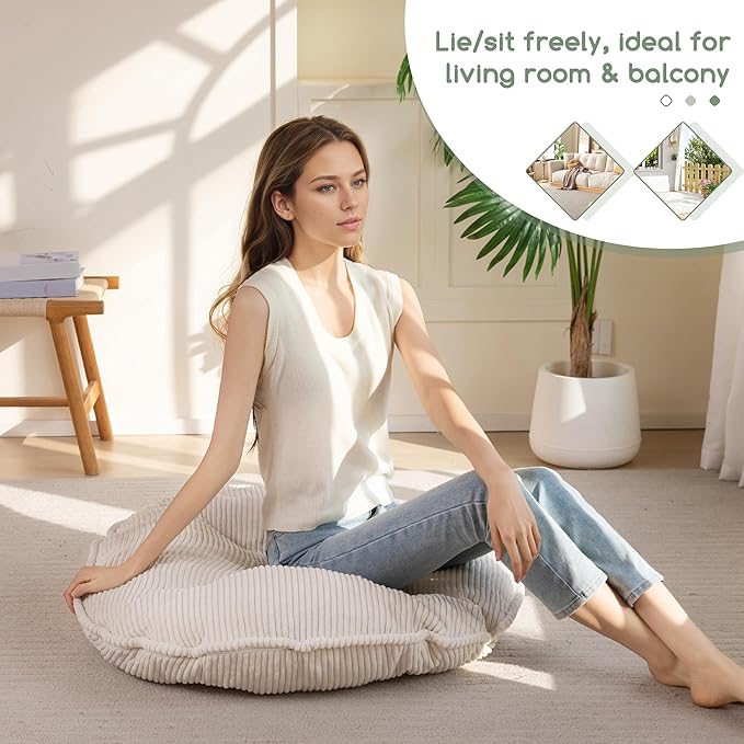 35" Washable Floor Pillow Cushion for Adults, Meditation Cushion Pillow, Extra Large Round Floor Sitting, Removable Tufted Corduroy Cover, for Tatami Living Room or Yoga, Beige, Machine Washable