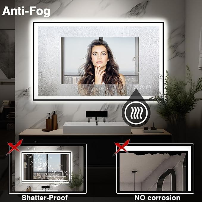 48x30 LED Bathroom Mirror - Black Aluminum Framed (Front and Backlit), Anti-Fog Lighted Vanity Mirror,Stepless 3 Colors Dimmable Lighted Smart Mirror(Horizontal/Vertical)