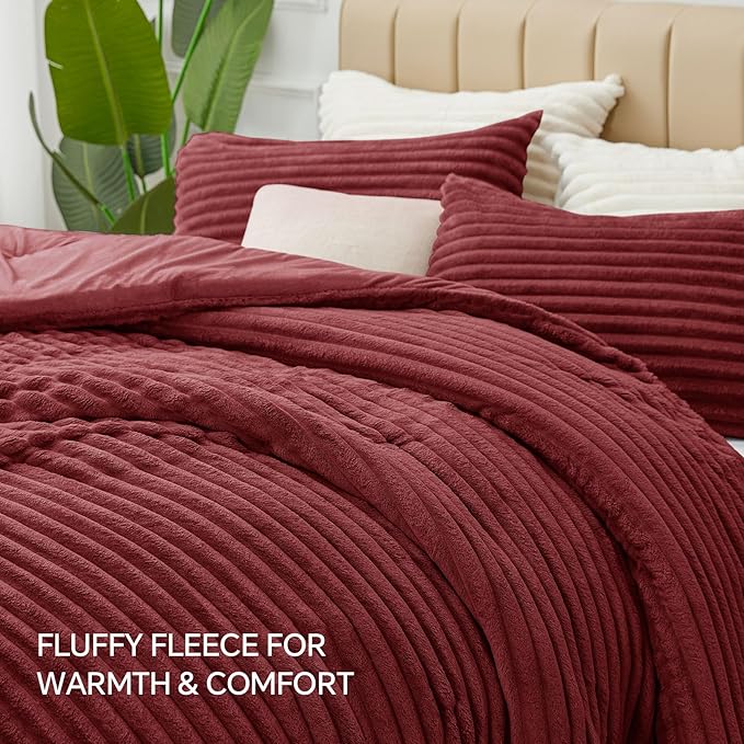 BEDELITE Fleece California King Comforter Set -Super Soft & Warm Fluffy Burgundy Bedding, Luxury Fuzzy Heavy Bed Set for Winter with 2 Pillow Cases