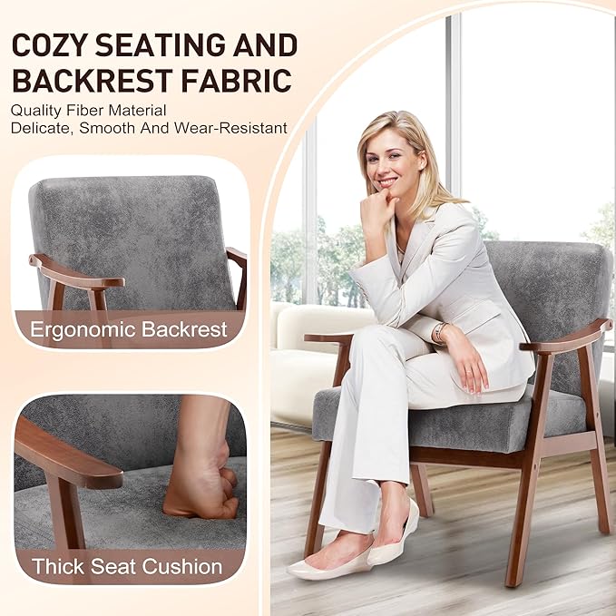 KEIKI Mid-Century Modern Accent Chair with Solid Wood Frame, Stylish Upholstered Armchair for Modern Retro Home Décor