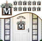 Ultra Large 14'' Last Name All Year Round Front Door Wreath with 26 Initial Letter Welcome Sign All Seasons Eucalyptus Garland and Bow Wreaths for Front Door Porch Farmhouse Decoration (M)