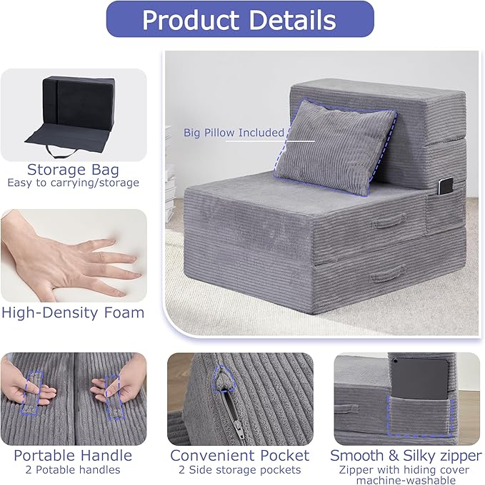 Folding Sofa Bed, 4 in 1 Convertible Sleeper Chair with Pillow, Single Memory Foam Fold Out Chair Bed, Modern Floor Futon Sofa Couch Mattress for Living Room/Guest/Apartment, Light Gray