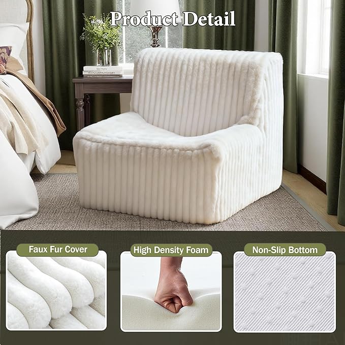 Trenda 32'' Boneless Chair, Super Comfy Bedroom Accent Chair, Sofa Chair, Soft Faux Fur Cover Floor Couch for Living Room,College, Dorm to Reading& Gaming (White)