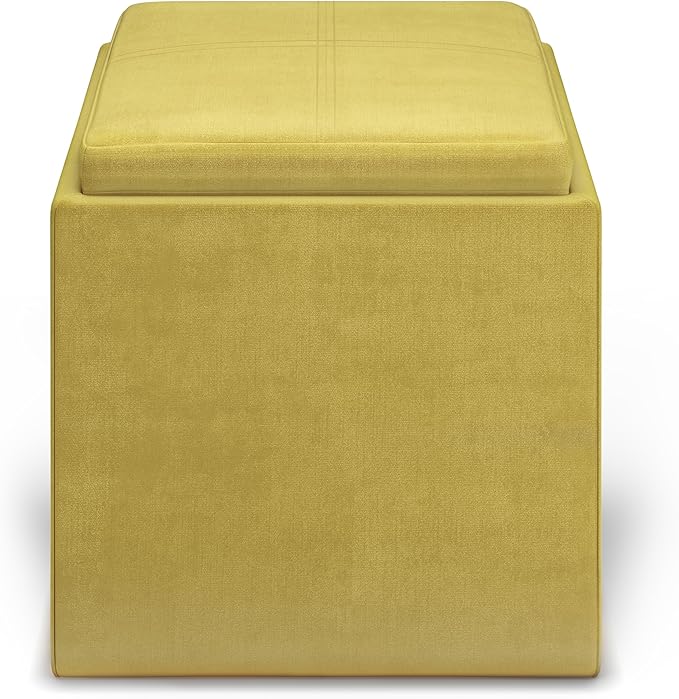 SIMPLIHOME Rockwood Cube Storage Ottoman with Tray - 17 inch Wide Upholstered Velvet Fabric Square Storage Ottoman in Dijon Yellow, Contemporary Cube Ottoman for Living Room with Serving Tray